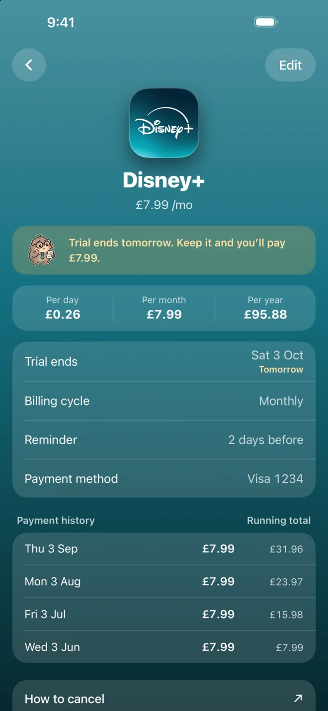 A Disney+ free trial, with the end date and a reminder