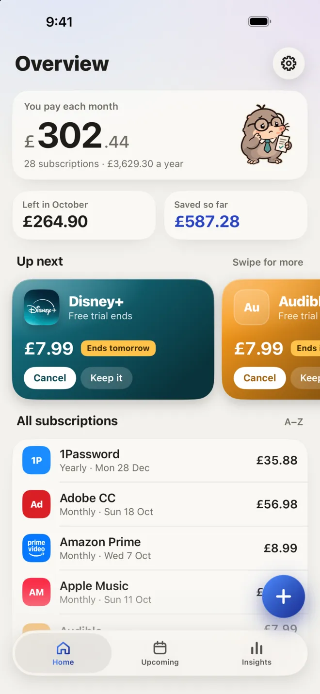 The app’s Overview: what you pay each month, what’s due next and every subscription